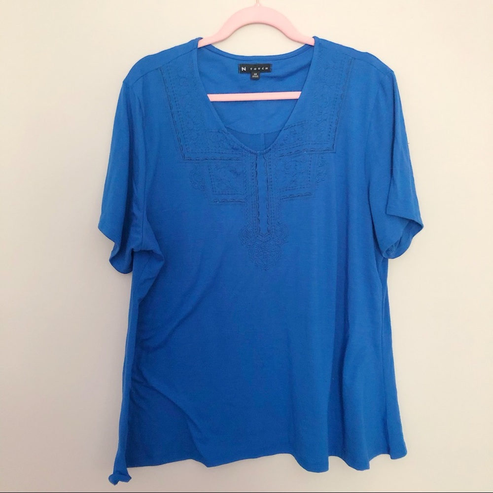 Blue Embroidered Front Top Fall Blouse 1x